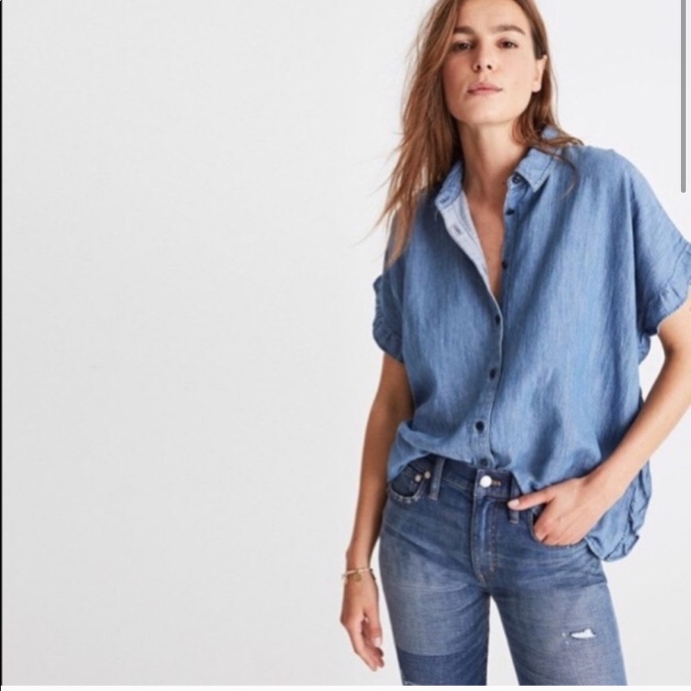 MADEWELL Chambray Denim Batwing Dolman Linen Ruffle Indigo XXS
